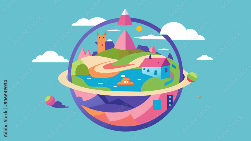 A rotating sphere of fun for your feline friend to explore featuring colorful illustrations of imaginary lands.. Vector illustration