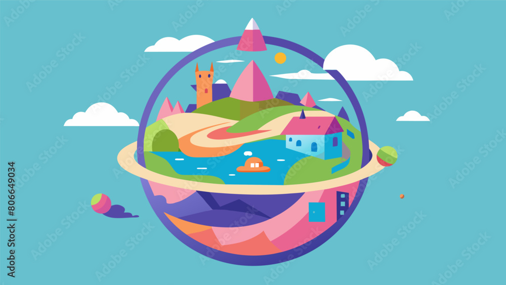 A rotating sphere of fun for your feline friend to explore featuring colorful illustrations of imaginary lands.. Vector illustration A rotating sphere of fun for your feline friend to explore featuring colorful illustrations of imaginary lands.. Vector illustration