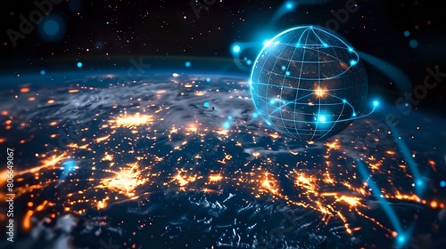 Futuristic Digital Network: Illuminated Globe with High-Tech Nodes