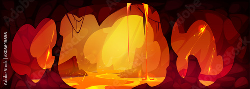 Lava cave game background. Fantasy hell landscape. Fire magma and rock inside dungeon hole drawing cartoon illustration. Devil tunnel and molten land river flow. Scary underground inferno world