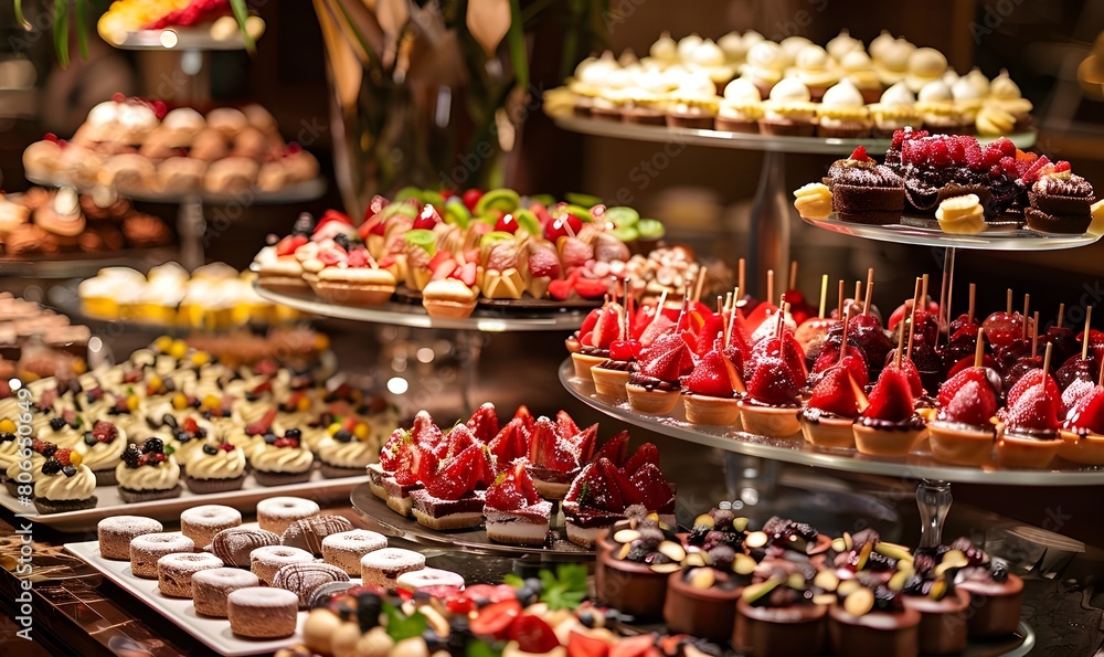 A table with a cake and other desserts on it. Sweet Delights on a Table. 
Tempting Dessert Spread