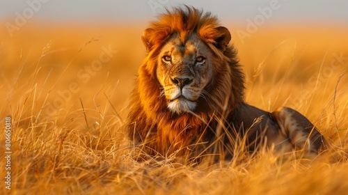  a majestic lion as it rests in the golden grasslands of the African savannah, exuding strength and grace 