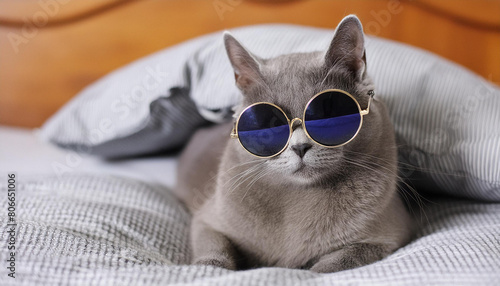 A cool and funny cat in sunglasses is lying in a bed, looking, grey color smooth short fur, grey pillows