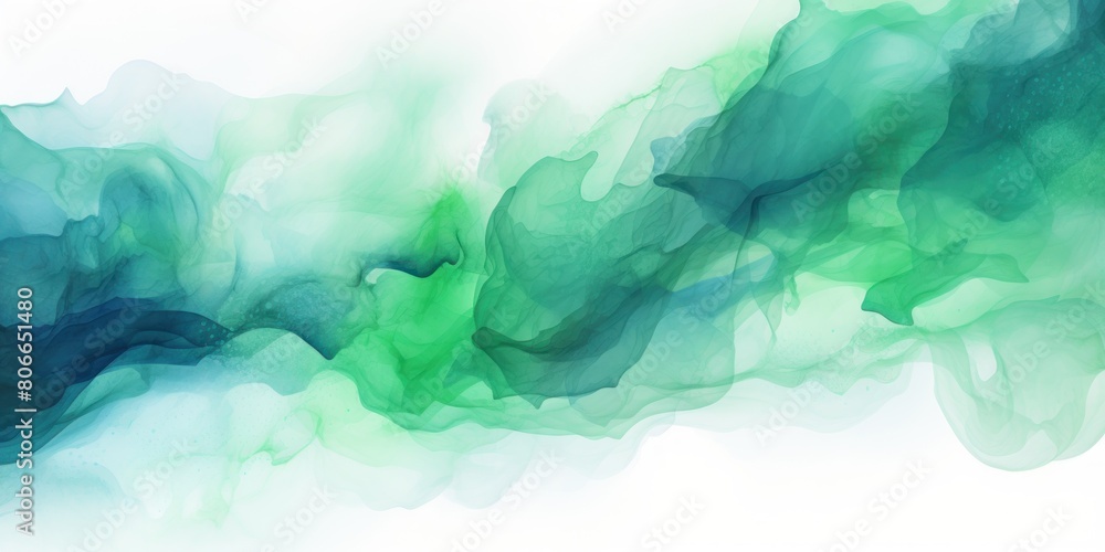 Green background abstract water ink wave, watercolor texture blue and white ocean wave web, mobile graphic resource for copy space text 