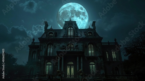 Captivating night view of a grand Victorian mansion under an immense full moon, perfect for themes of mystery and the supernatural, emphasizing gothic architectural elegance in a ghostly context.