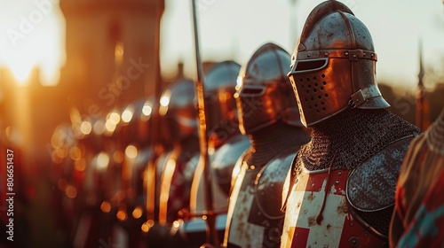 A vivid depiction of medieval knights in armor at golden hour, highlighting the intricate details of their armor and the noble aura of the chivalric era, perfect for historical and fantasy themes. photo