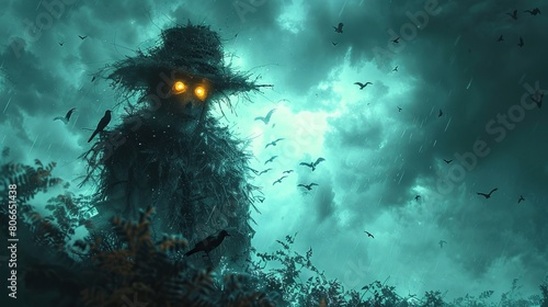 An eerie image of a scarecrow with glowing eyes among crows in a stormy, mystical setting, perfect for themes of folklore, mystery, and the supernatural in books or visual media.