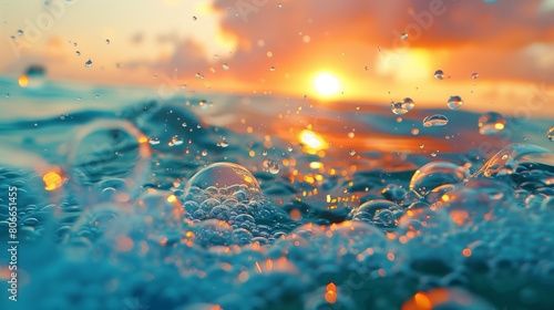  a cluster of seafoam bubbles forming on the water's surface, reflecting the bright hues of a tropical sunset photo