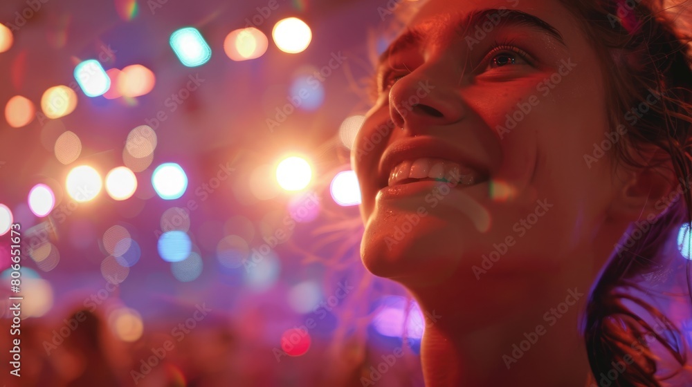 A woman is performing on stage under the orange lens flare, in the heat of an exciting concert event. The darkness is lit up by her music, creating a fun and entertaining night for all in attendance
