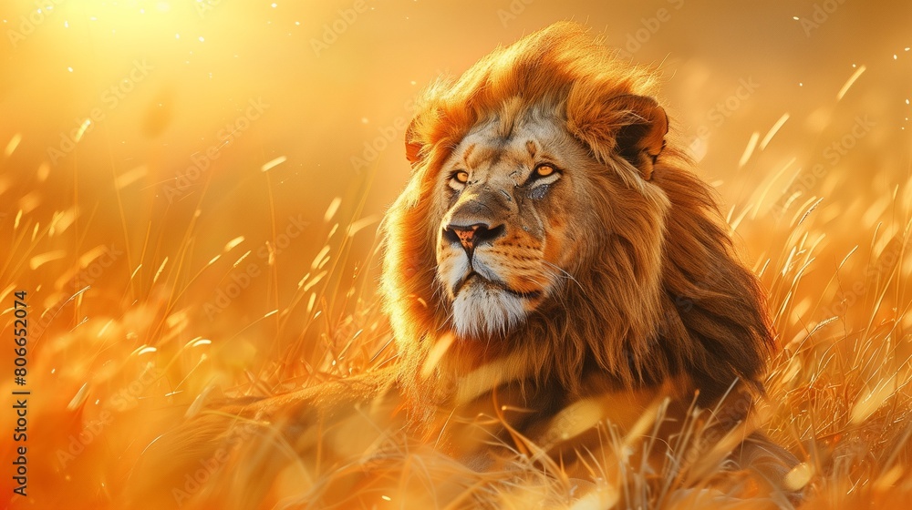 Naklejka premium a majestic lion as it rests in the golden grasslands of the African savannah, exuding strength and grace 