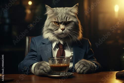 A cat sitting at the table The cat looks like boss of company