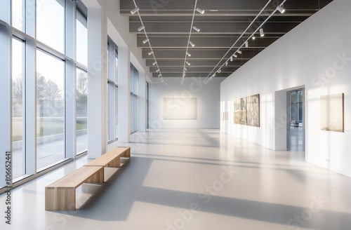 A large  empty room with a white wall and a white ceiling A white wall in an art gallery with large windows on the left and right sides  a modern light ceiling  3 rectangular wooden benches