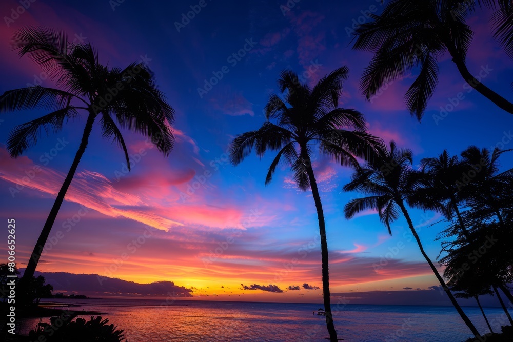 Experience the breathtaking spectacle of dawn in a tropical paradise, with palm trees swaying in the gentle breeze and the sky ablaze, Generative AI
