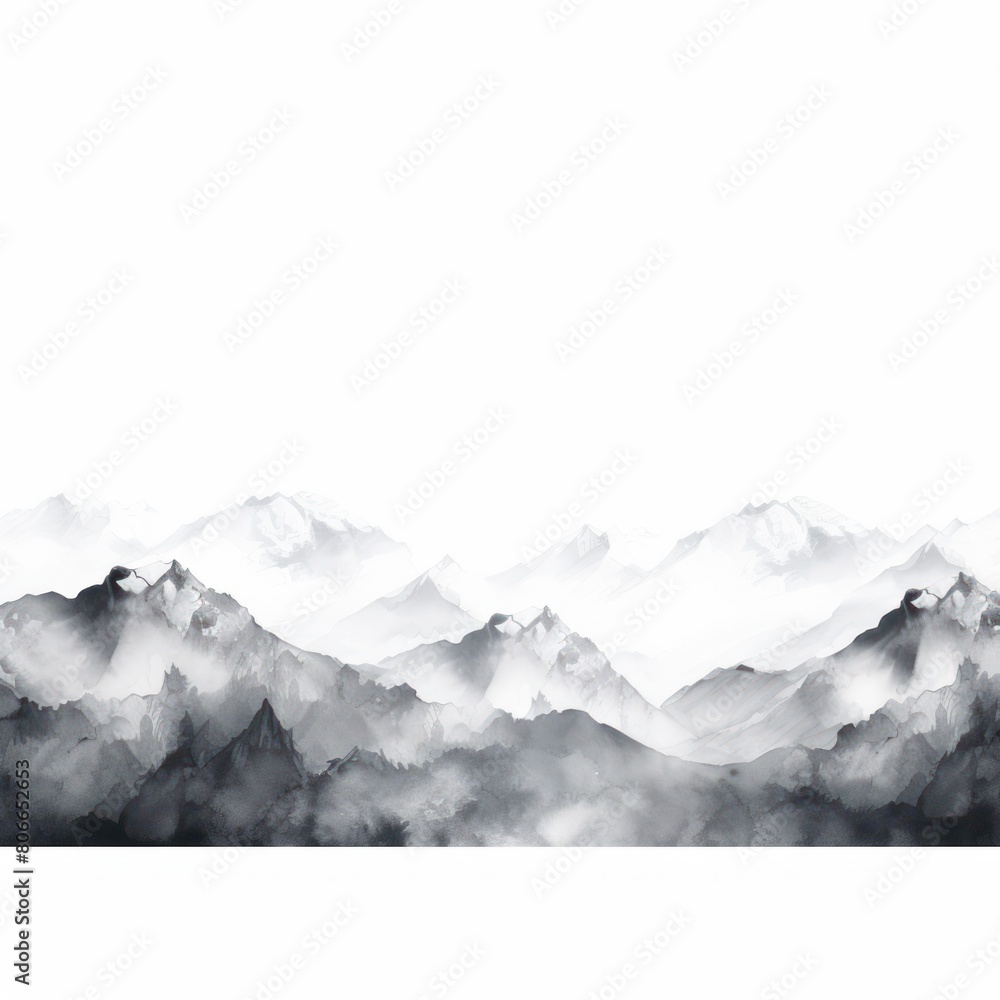 Gray tones watercolor mountain range on white background with copy space display products blank copyspace for design text photo website web banner 