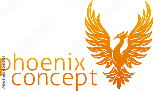 A phoenix fire bird from mythology rising with its wings spread