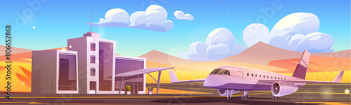 Plane near airport in sunny desert. Vector cartoon illustration of aircraft on runway before flight, modern glass building, sandy dunes, blue sky with white clouds, passenger transportation service