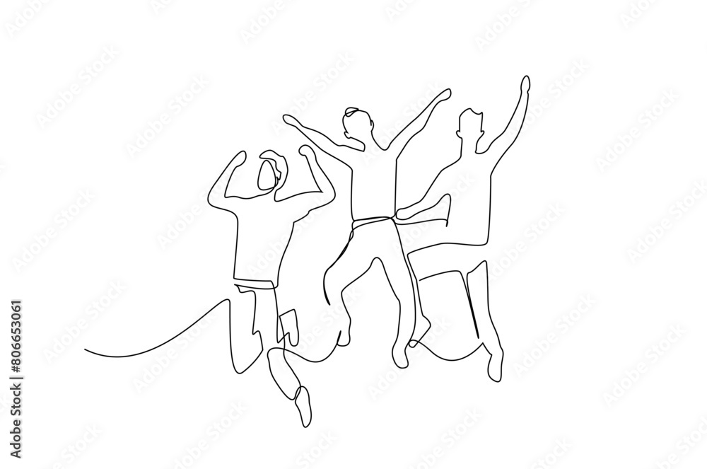 young people friends jumping in the air fun funny life one line art design vector