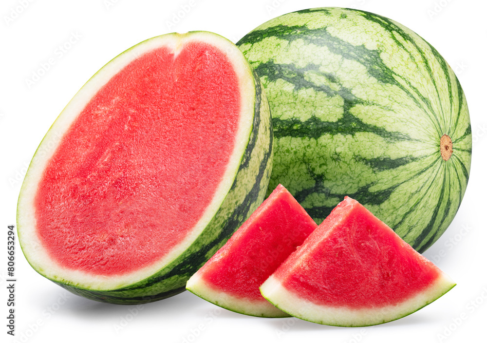 Seedless watermelon and water melon slices isolated on white background. Clipping path. Seedless watermelon and water melon slices isolated on white background. Clipping path.