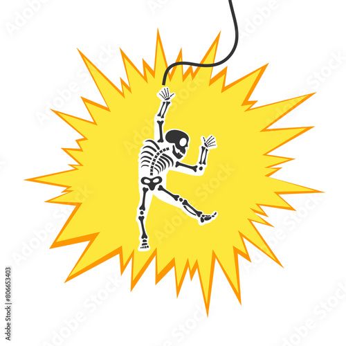 Skeleton electric shock by high voltage or lighting electrocuted caution silhouette flat style design vector illustration. A funny human skeleton had an electric shock or lightning strike.