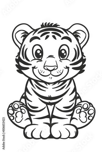 a black and white drawing of a baby tiger sitting down