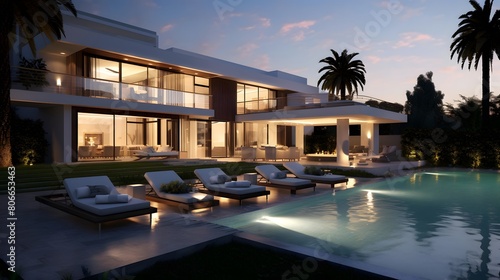 Luxury villa with swimming pool at dusk. Panorama © Michelle