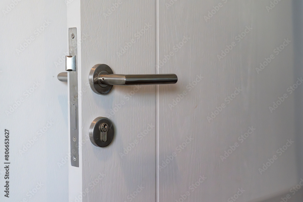 Metallic modern door knob on white wooden door. Metallic modern door knob on white wooden door.