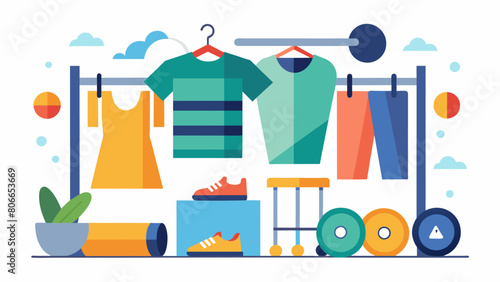 In addition to the clothing swap there is a section dedicated to exchanging workout equipment with a focus on reusable and sustainable options.. Vector illustration