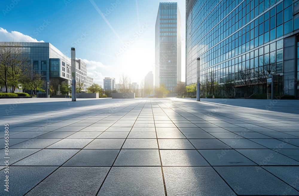 Fototapeta premium A city street with a large building in the background, A large empty concrete floor with modern buildings in the background. The sun shines,beautiful shadows and highlights. outside an office complex