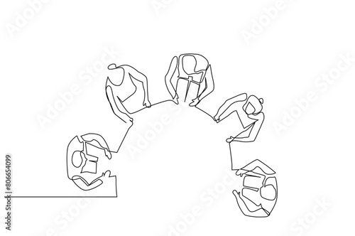 business people together round table meeting teamwork business life one line art design vector