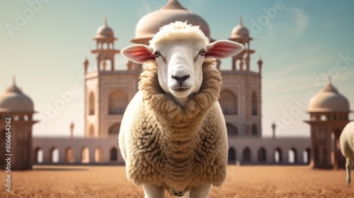 A sheep stand in front of a taj mahal