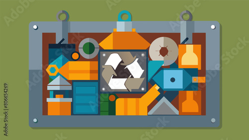 A wallmounted display of recycled metal scraps ready to be fashioned into sculptures or jewelry.. Vector illustration