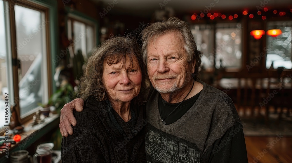 A man and woman are standing in a room with snow on their faces A man and woman are standing in a room with snow on their faces
