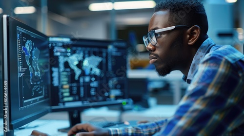 Close up stock image of an African American man working at a computer screen, Hea??s working on CAD software looking at the design of a solar panel array in CAD with data