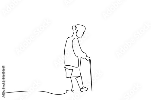 old senior woman walking stick life one line art design vector
