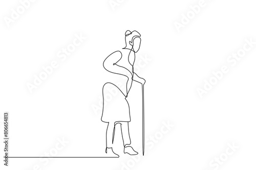 old senior woman walking stick life one line art design vector