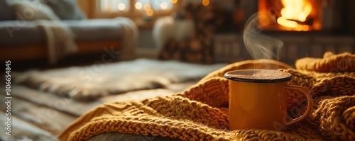 A steaming mug of coffee sits on a cozy knit blanket in front of a crackling fireplace.