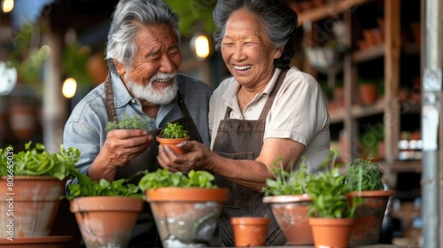 Two older people are smiling and holding plants in their hands