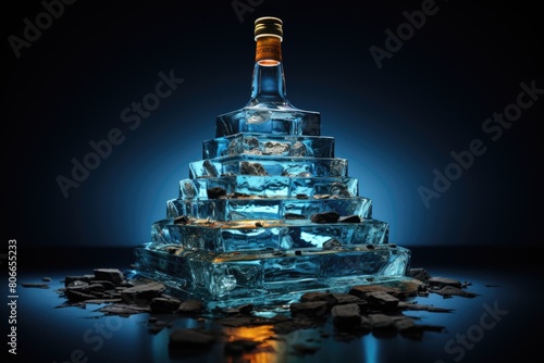 Bottle stacks or ice cubes on floor blue glowing photo