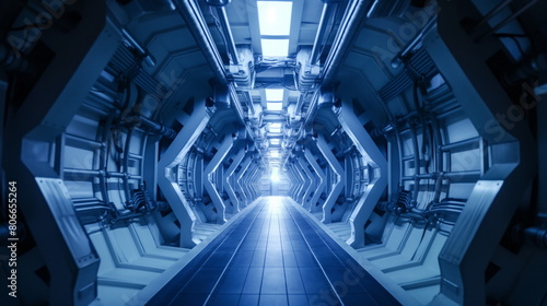 Very long hallway inside alien spaceship with lights illuminating the corridor
