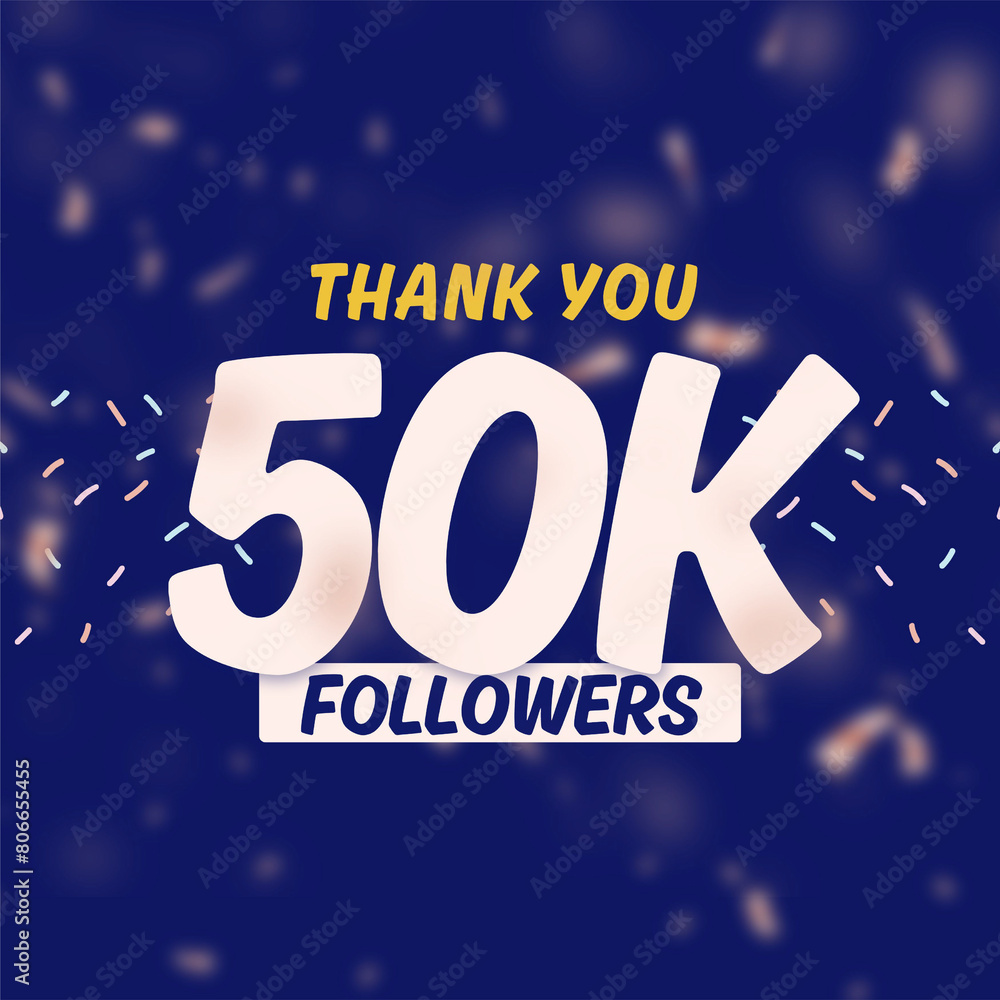 Thank you 50k followers celebration with gold rose pink blurry confetti on blue background Thank you 50k followers celebration with gold rose pink blurry confetti on blue background