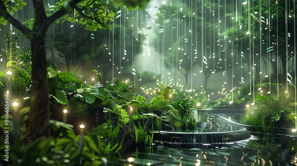 Illustrate a futuristic stage design where musical notes interact with lush green landscapes, illuminated by bioluminescent effects to symbolize eco-friendly practices