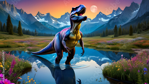 Illustration of a dangerous tyrannosaurus rex dinosaur. Colorful landscape of the Mesozoic valley. photo