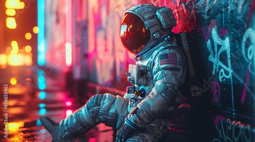 Illustrate a futuristic astronaut engaging with a vibrant graffiti wall