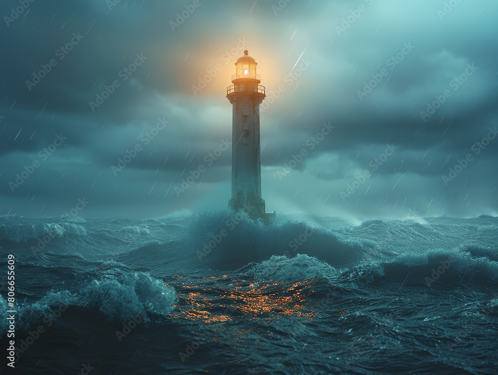 Illustrate Leadership Principles with a CG 3D rendering of a towering lighthouse amidst stormy seas, symbolizing resilience, vision, and guidance in turbulent times