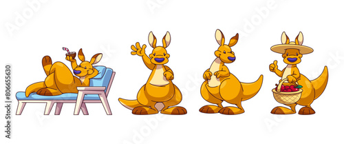 Cute and funny kangaroo animal character cartoon vector. Happy cheerful australian mascot waving, lying on tropical resort sunbed and holding basket with apple. Zoo game mammal asset design set