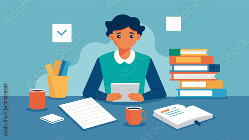 A student sits at a desk covered in paperwork surrounded by open textbooks and an empty coffee cup trying to navigate through the confusing jargon of. Vector illustration