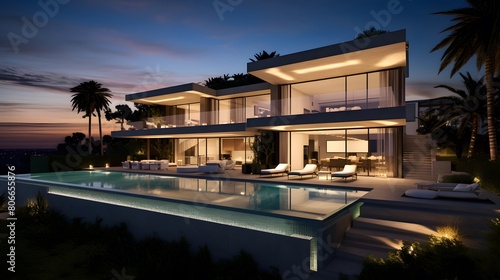 Luxury villa with swimming pool at night. Long exposure