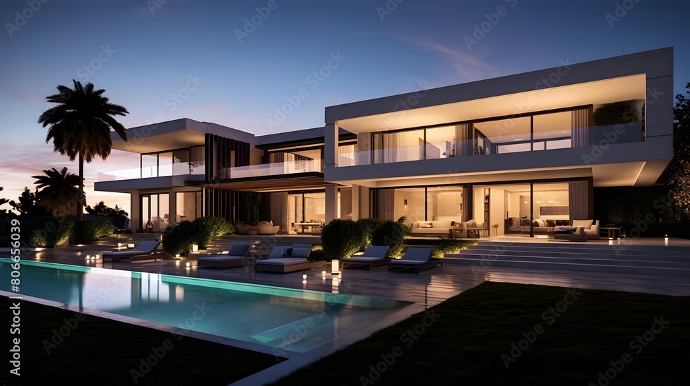 Luxury house with swimming pool at night. Panorama.