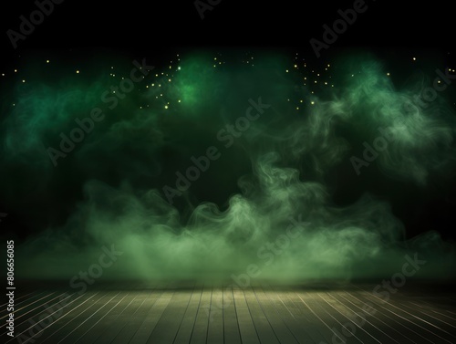 Green smoke empty scene background with spotlights mist fog with gold glitter sparkle stage studio interior texture for display products blank 