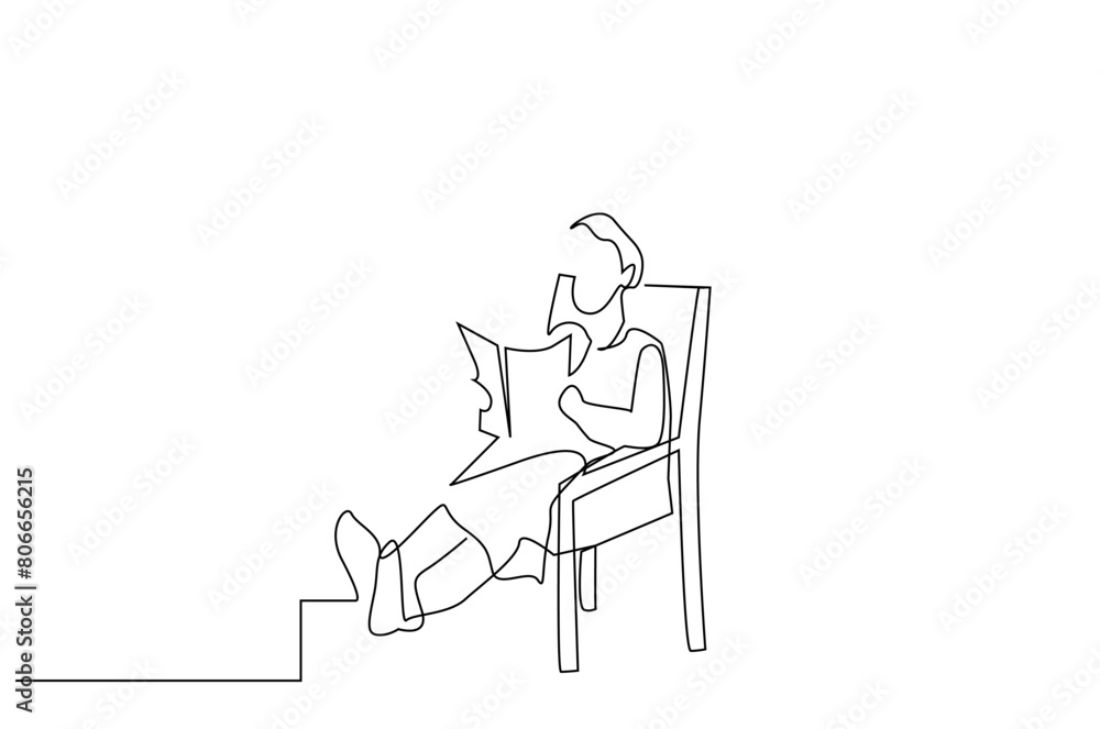 old woman home relax armchair reading a book one line art design vector